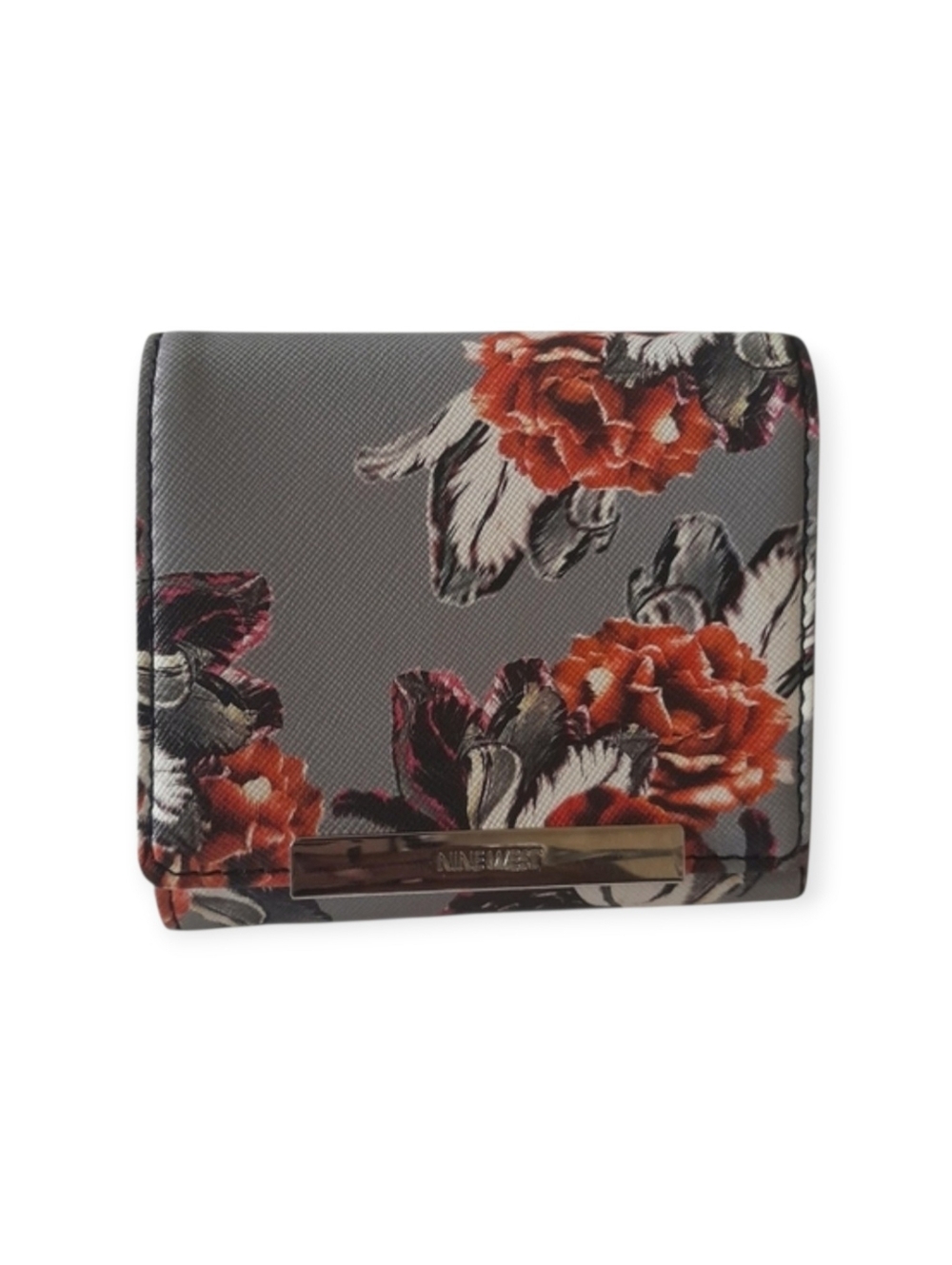 Nine West Gray Floral Trifold Snap Wallet Faux Leather